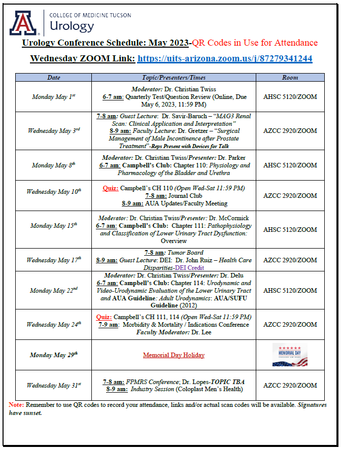 May Urology Conference Schedule Department of Urology